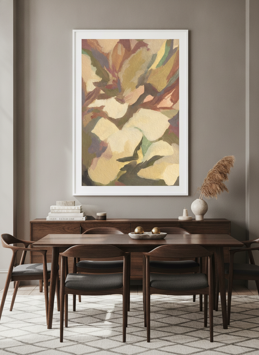 Monumental artwork centred on a feature wall in a luxe interior