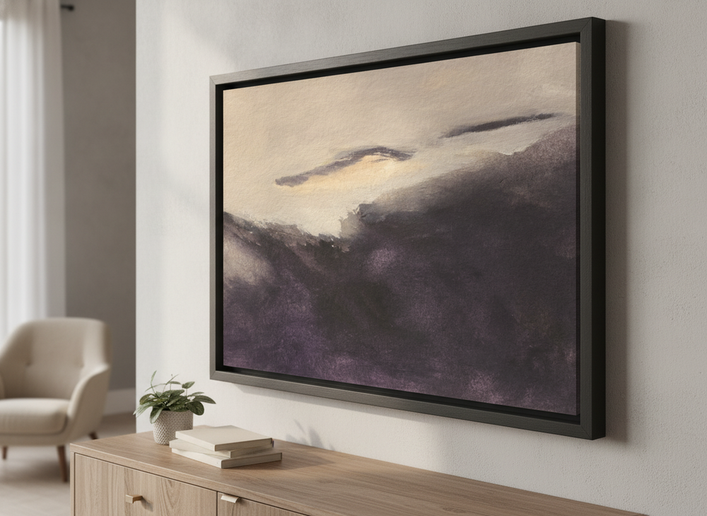 Minimalist artwork displayed in a calm, light-filled bedroom interior