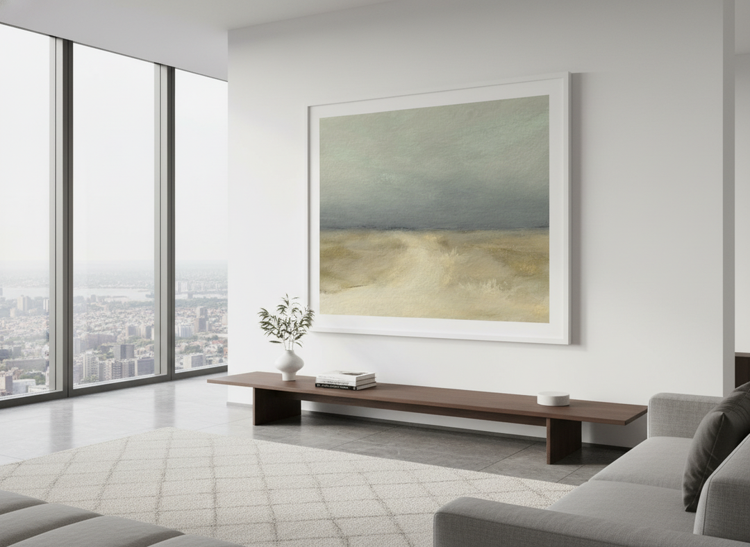 Monumental artwork centred on a feature wall in a luxe interior