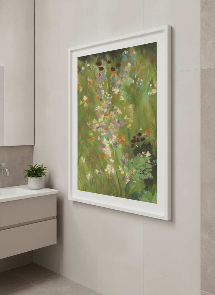 Modern print displayed in a clean minimalist bathroom setting
