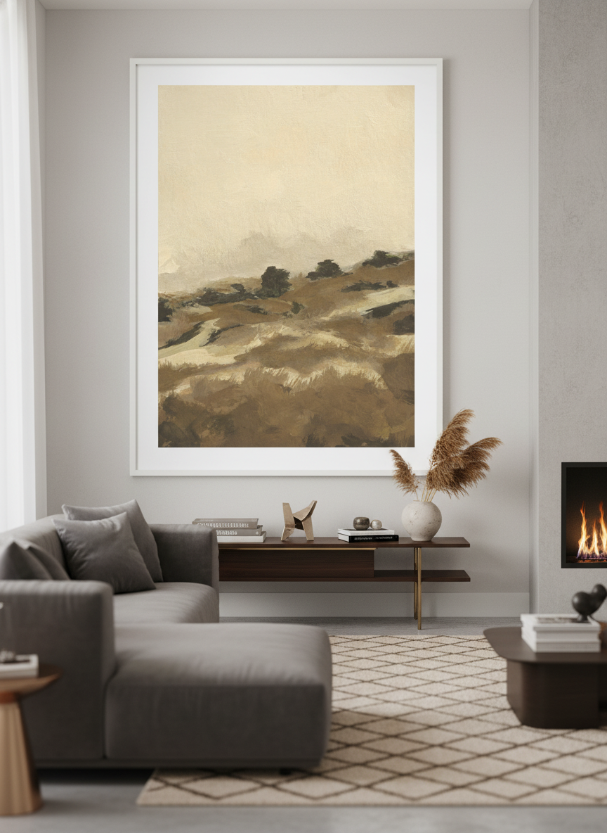 Monumental artwork centred on a feature wall in a luxe interior