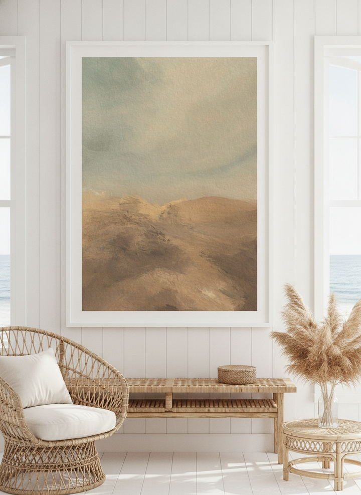 Neutral wall art displayed in a sunny coastal beach house