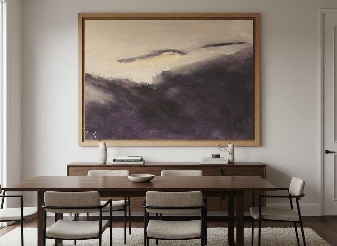 Monumental artwork centred on a feature wall in a luxe interior