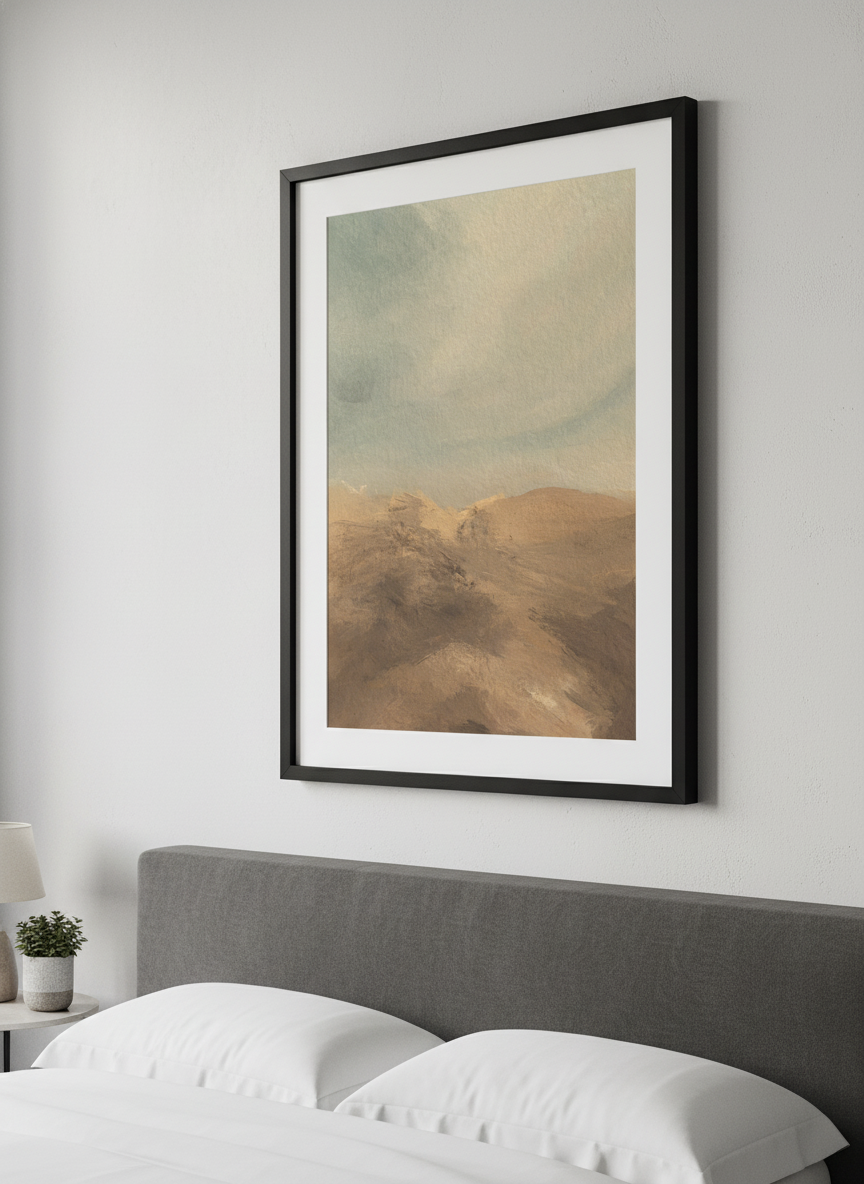 Minimalist artwork displayed in a calm, light-filled bedroom interior