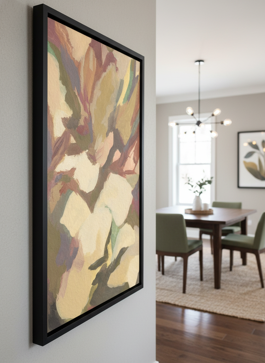 Wall art styled above a dining table in a contemporary home
