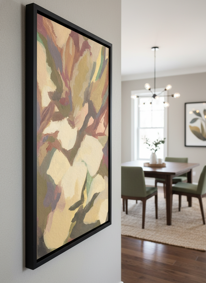 Wall art styled above a dining table in a contemporary home