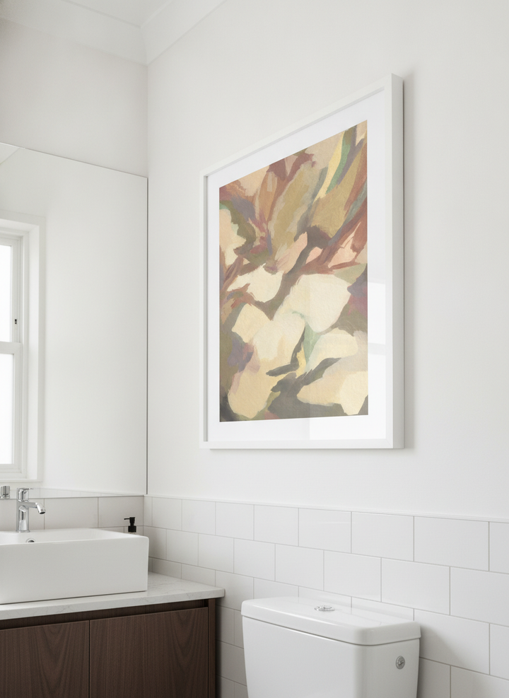 Modern print displayed in a clean minimalist bathroom setting
