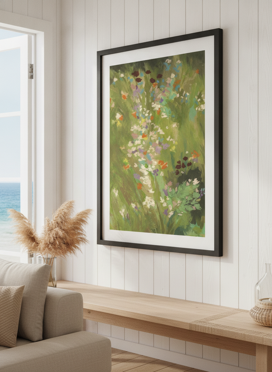 Neutral wall art displayed in a sunny coastal beach house