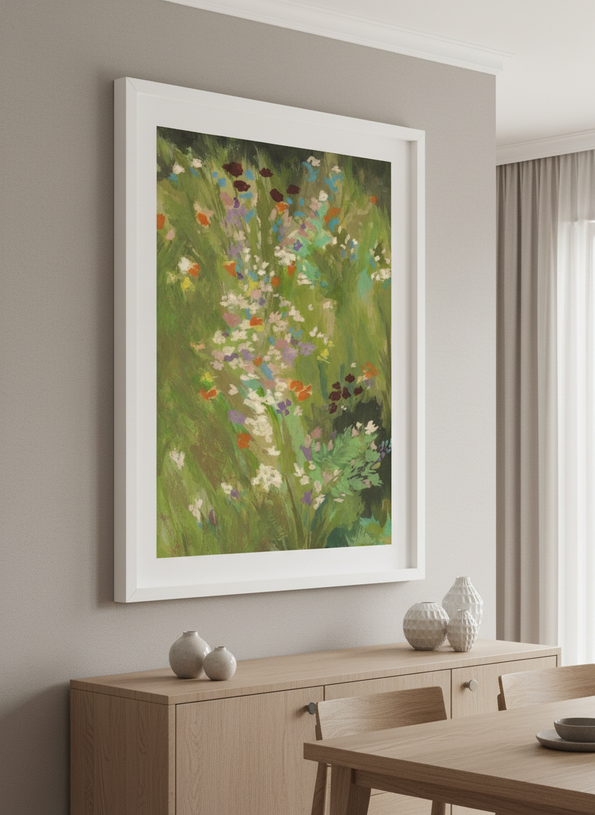 Wall art styled above a dining table in a contemporary home