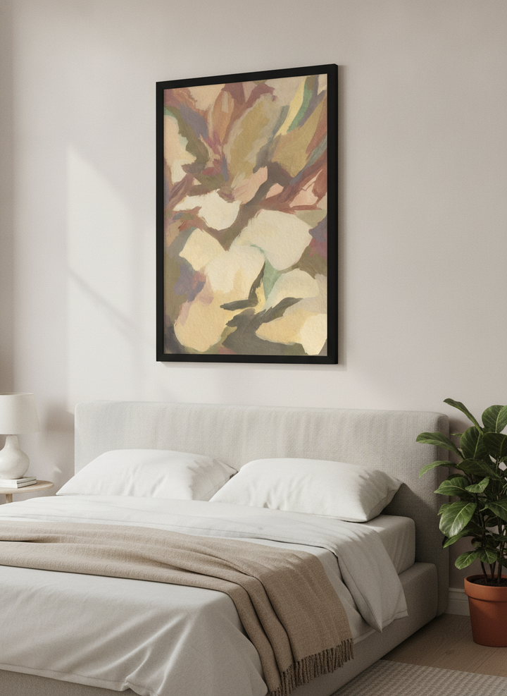 Minimalist artwork displayed in a calm, light-filled bedroom interior