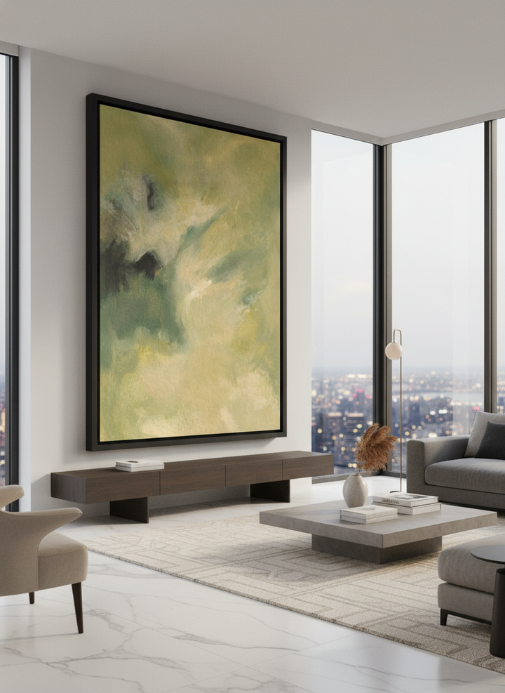 Monumental artwork centred on a feature wall in a luxe interior
