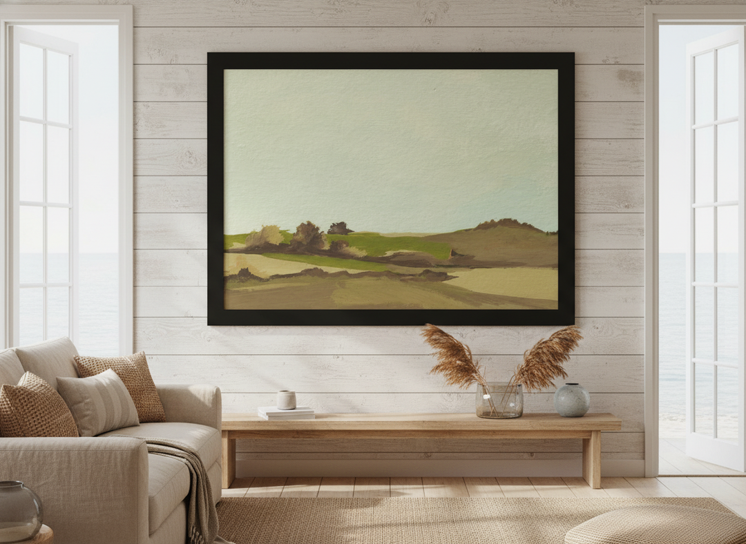 Neutral wall art displayed in a sunny coastal beach house