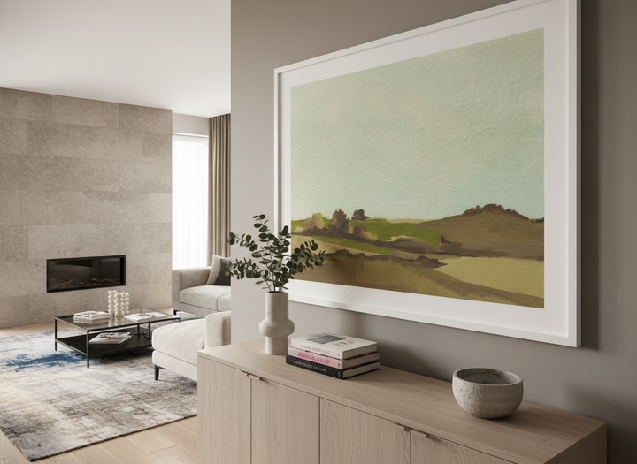 Monumental artwork centred on a feature wall in a luxe interior