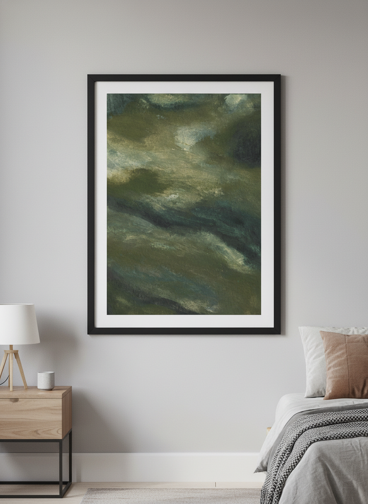 Minimalist artwork displayed in a calm, light-filled bedroom interior