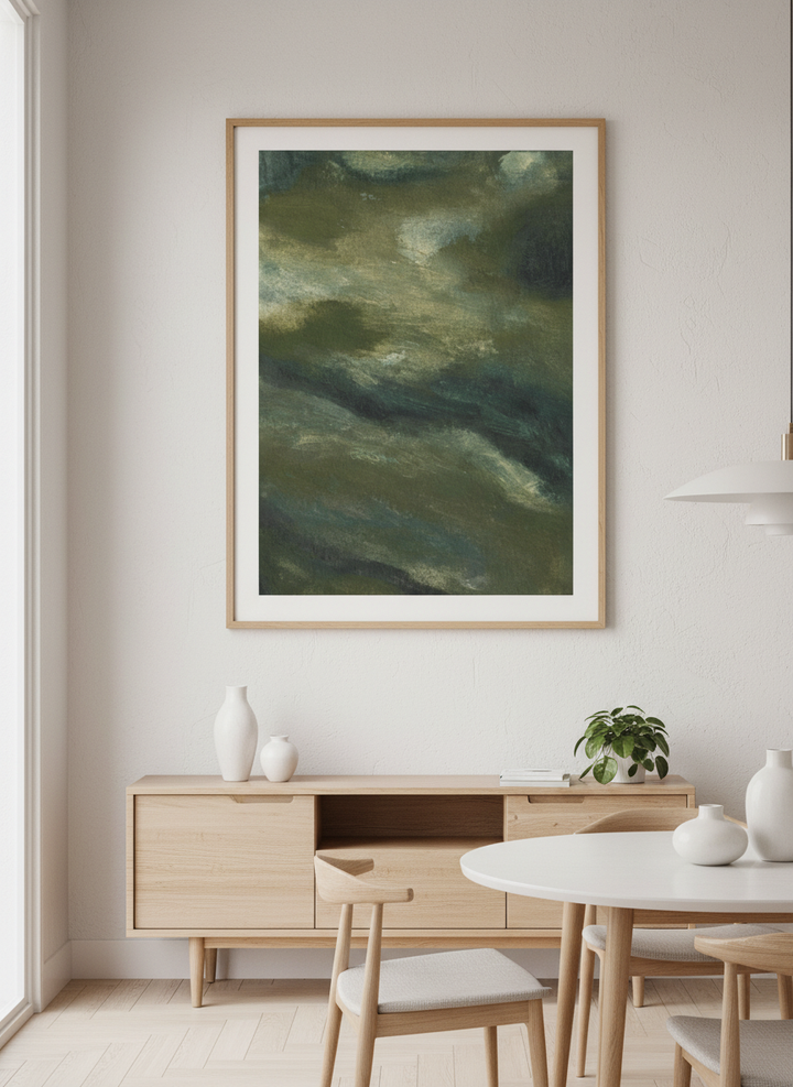 Wall art styled above a dining table in a contemporary home