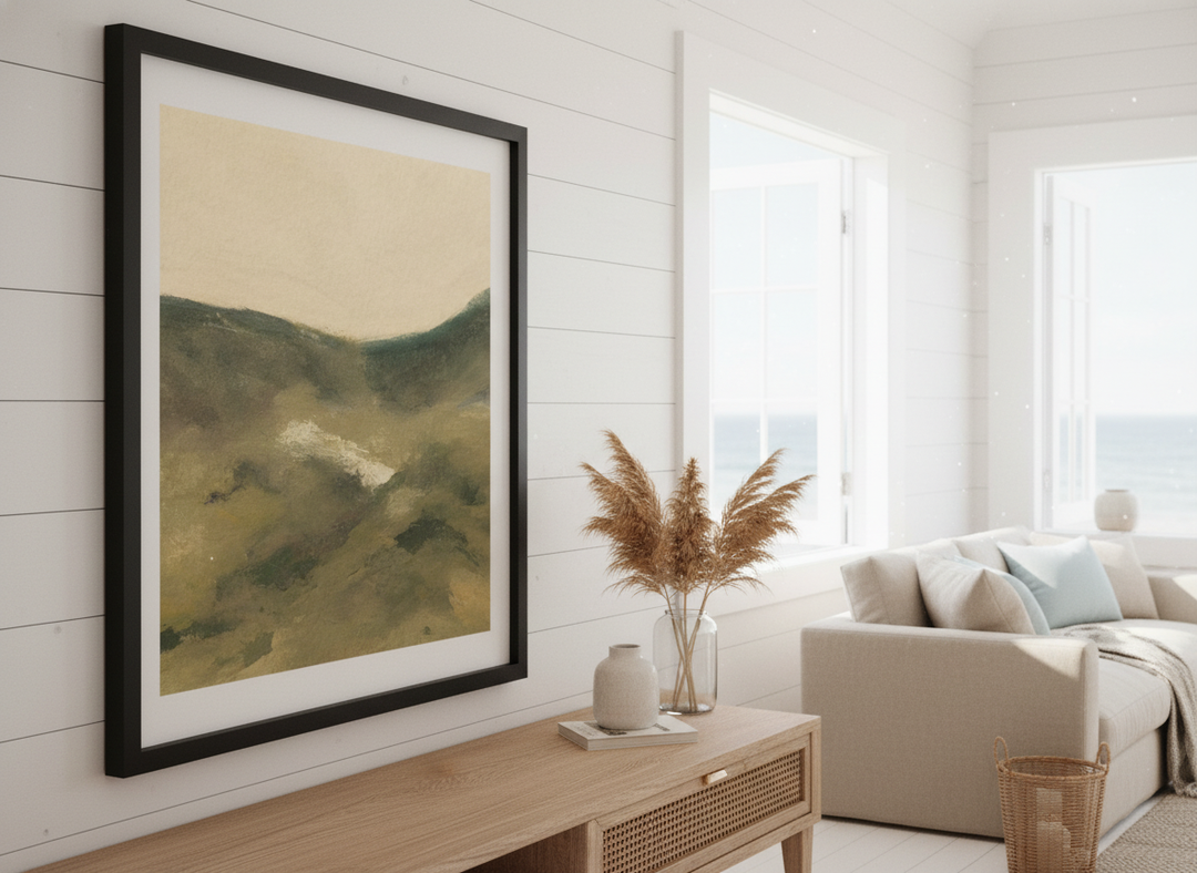 Neutral wall art displayed in a sunny coastal beach house