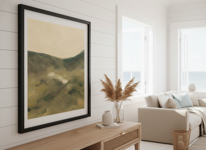 Neutral wall art displayed in a sunny coastal beach house