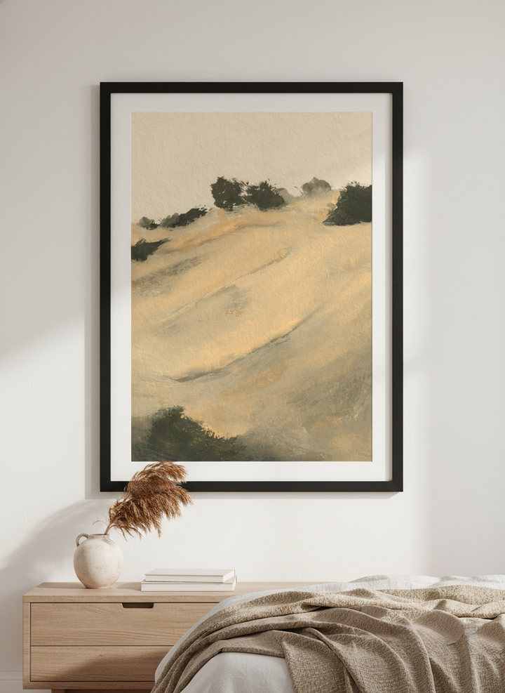 Minimalist artwork displayed in a calm, light-filled bedroom interior