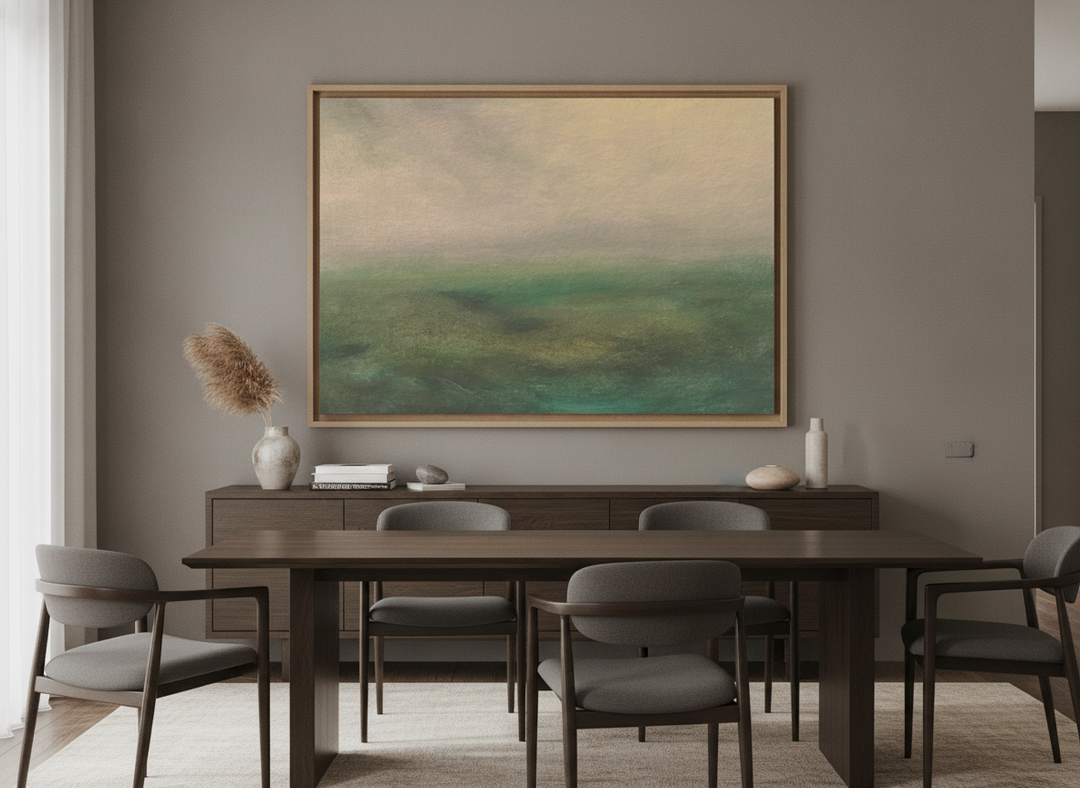 Monumental artwork centred on a feature wall in a luxe interior