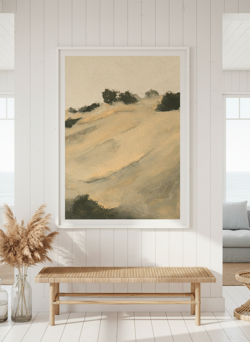 Neutral wall art displayed in a sunny coastal beach house