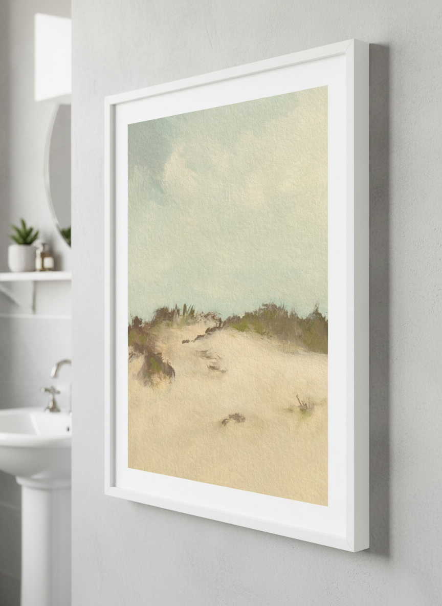 Modern print displayed in a clean minimalist bathroom setting