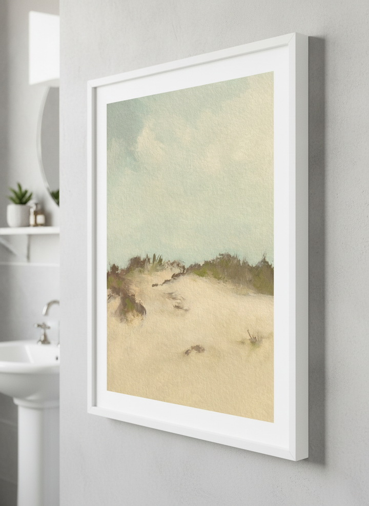 Modern print displayed in a clean minimalist bathroom setting