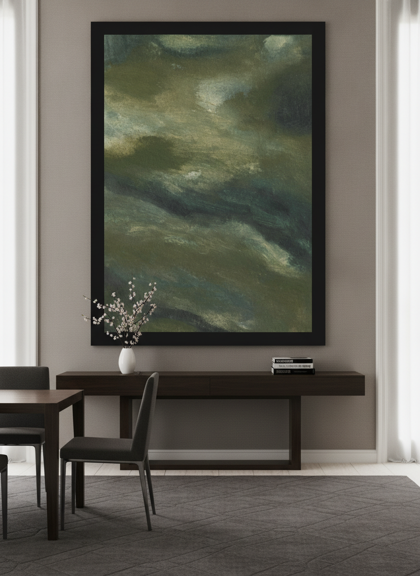 Monumental artwork centred on a feature wall in a luxe interior