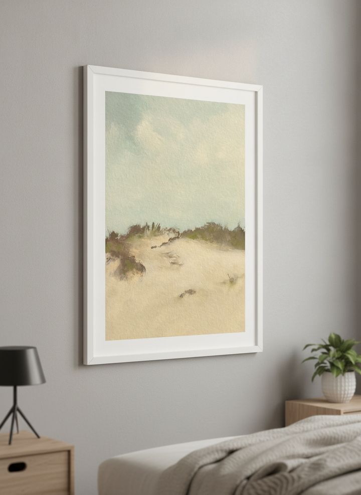 Minimalist artwork displayed in a calm, light-filled bedroom interior