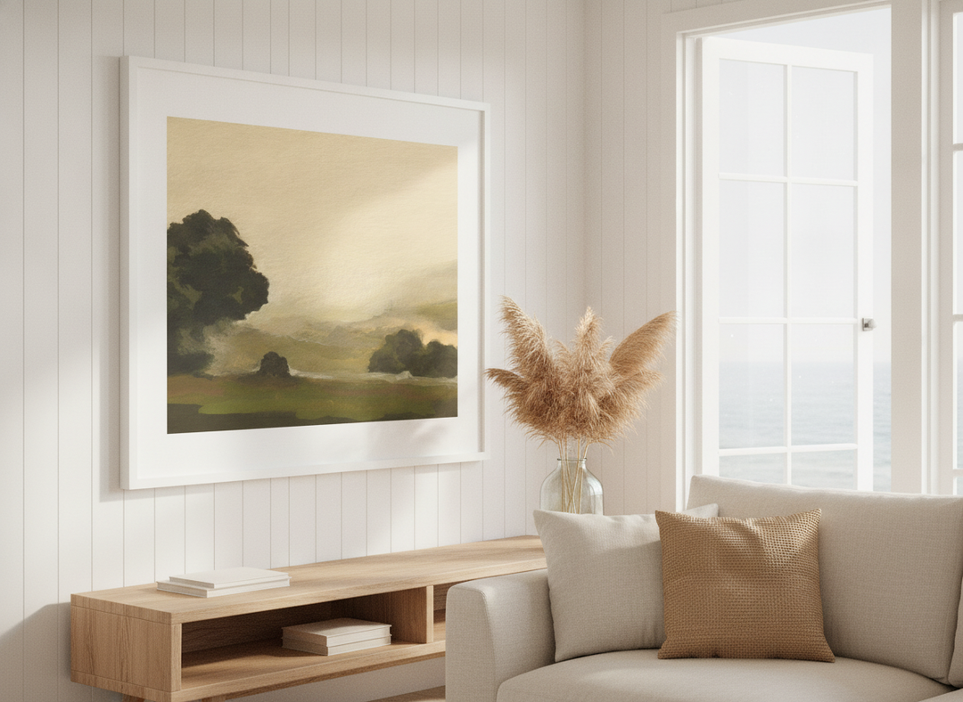 Neutral wall art displayed in a sunny coastal beach house