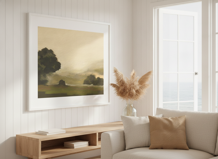 Neutral wall art displayed in a sunny coastal beach house