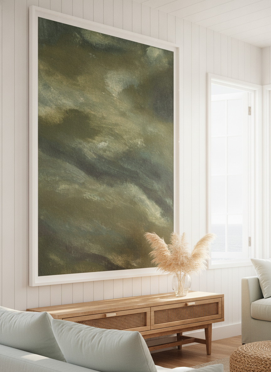 Neutral wall art displayed in a sunny coastal beach house