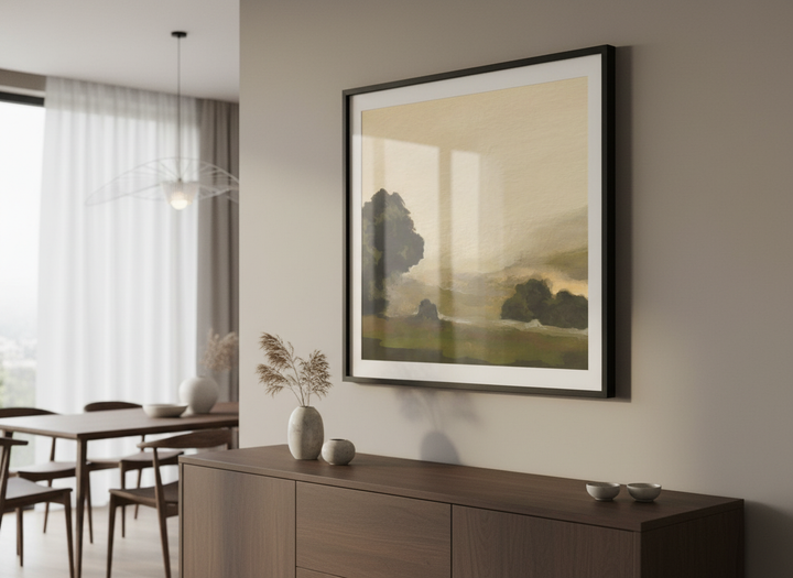 Wall art styled above a dining table in a contemporary home