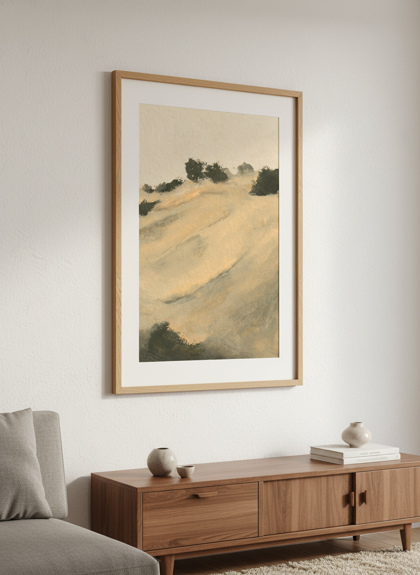 Modern wall art styled above a sofa in a neutral living room