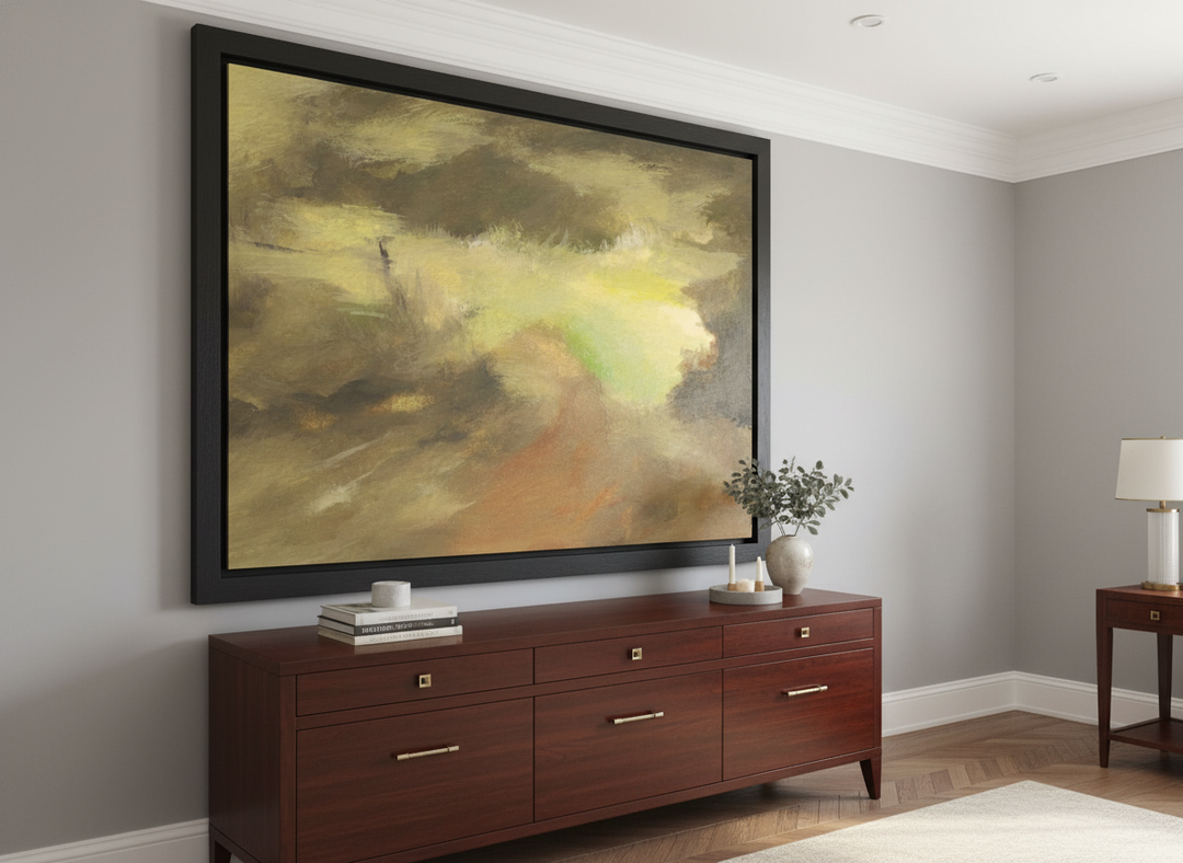 Monumental artwork centred on a feature wall in a luxe interior