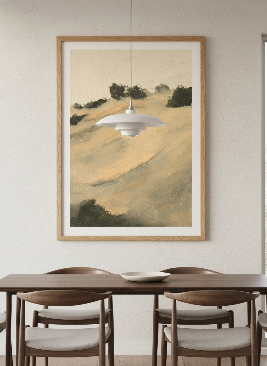 Wall art styled above a dining table in a contemporary home