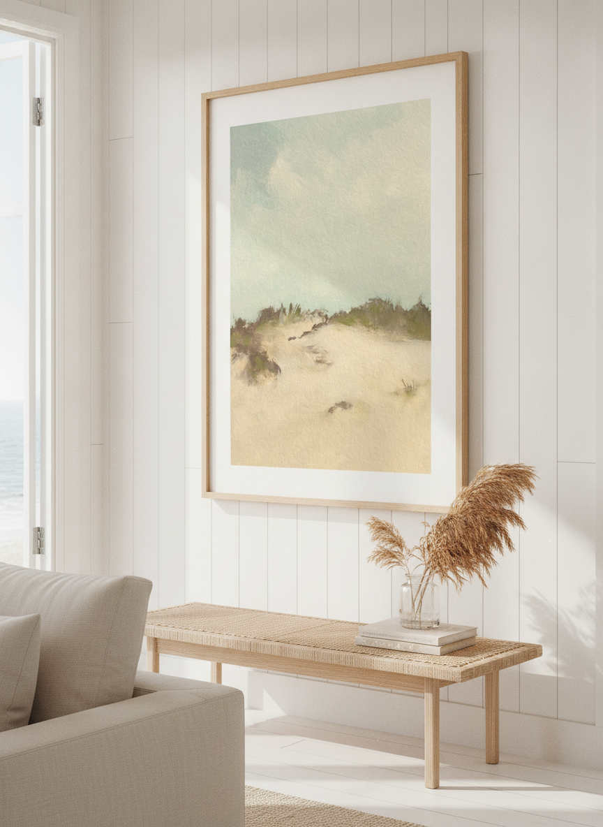 Neutral wall art displayed in a sunny coastal beach house