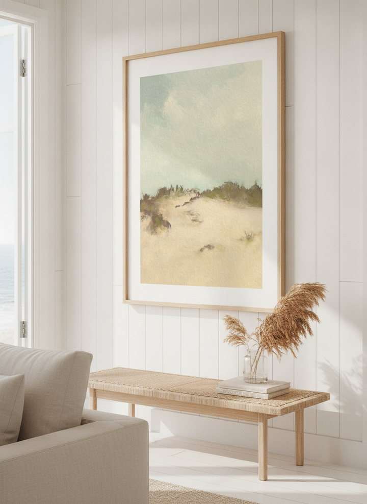 Neutral wall art displayed in a sunny coastal beach house