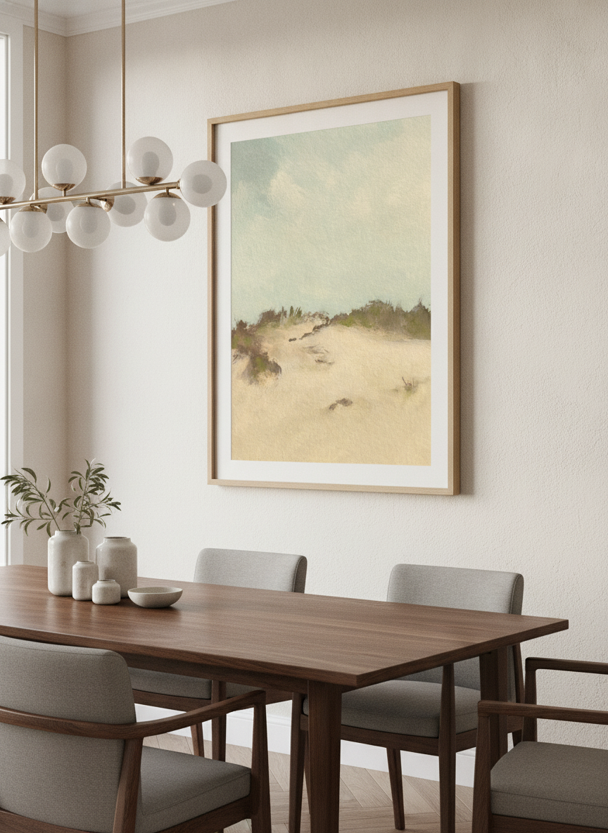 Wall art styled above a dining table in a contemporary home
