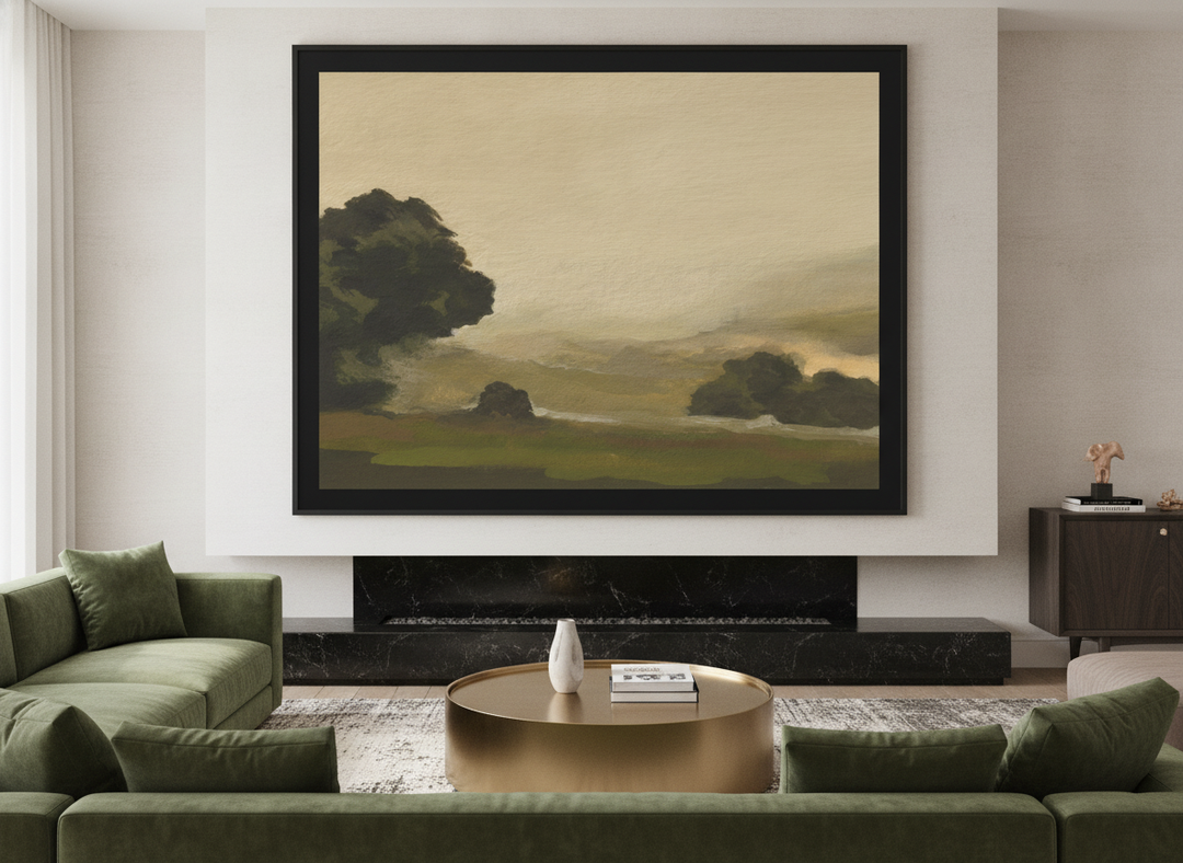 Monumental artwork centred on a feature wall in a luxe interior