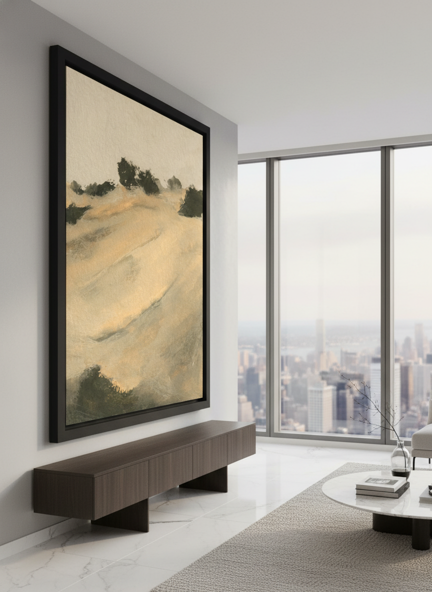 Monumental artwork centred on a feature wall in a luxe interior