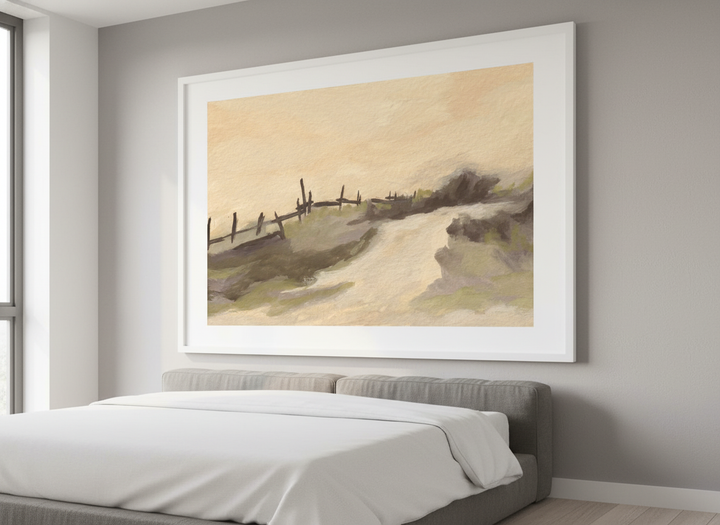 Minimalist artwork displayed in a calm, light-filled bedroom interior