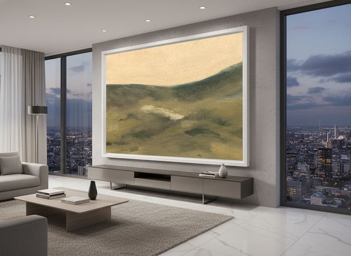 Monumental artwork centred on a feature wall in a luxe interior