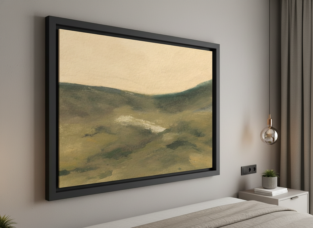 Minimalist artwork displayed in a calm, light-filled bedroom interior