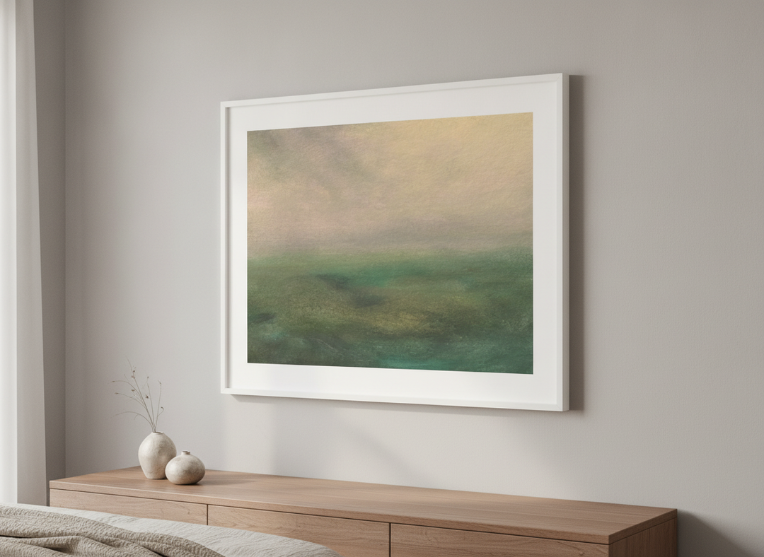 Minimalist artwork displayed in a calm, light-filled bedroom interior