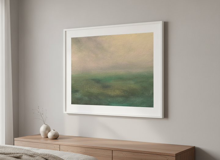 Minimalist artwork displayed in a calm, light-filled bedroom interior
