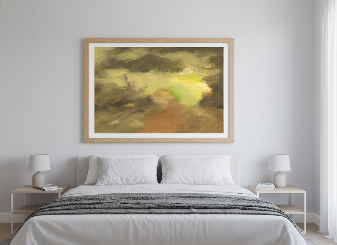 Minimalist artwork displayed in a calm, light-filled bedroom interior