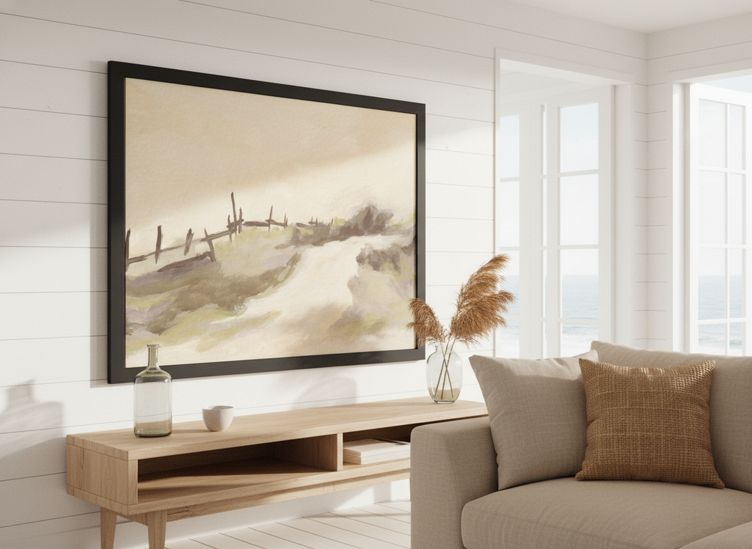 Neutral wall art displayed in a sunny coastal beach house