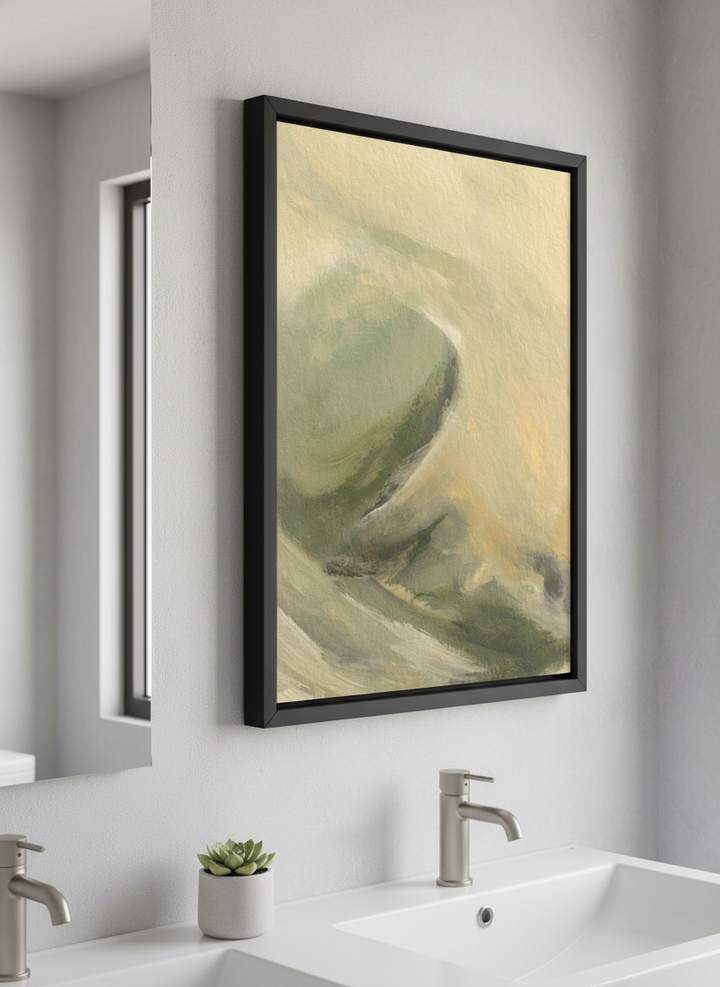 Modern print displayed in a clean minimalist bathroom setting