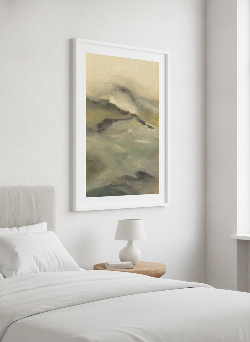 Minimalist artwork displayed in a calm, light-filled bedroom interior