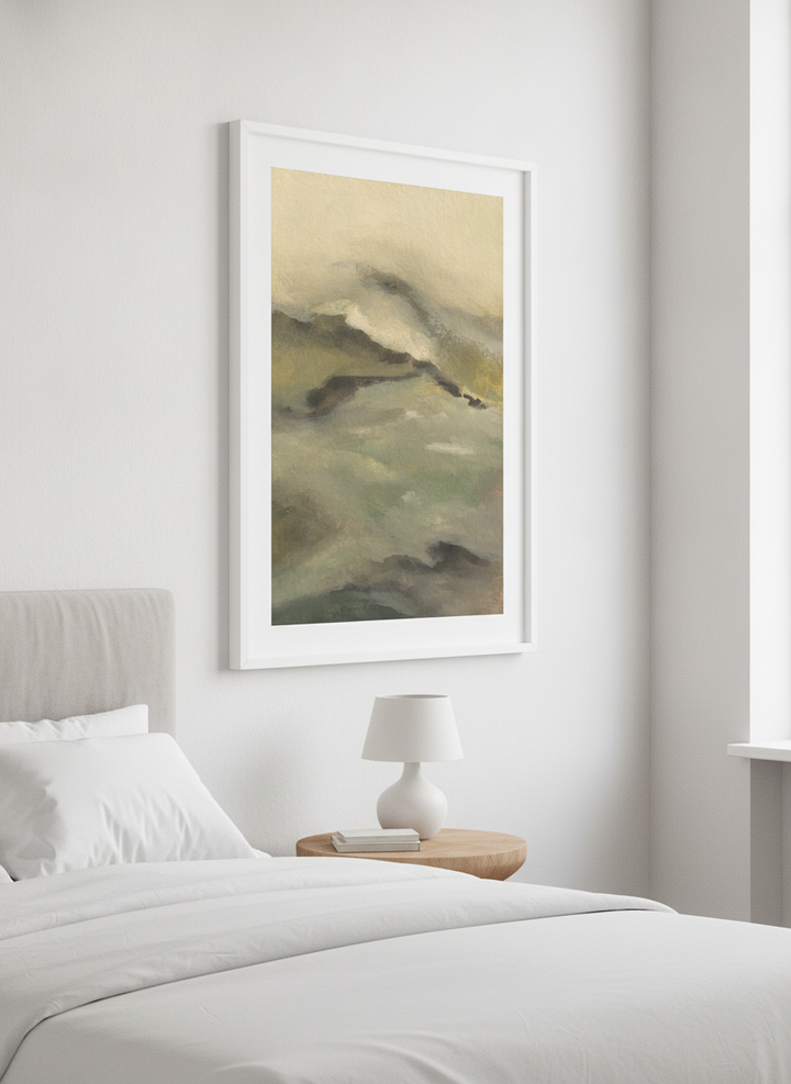 Minimalist artwork displayed in a calm, light-filled bedroom interior